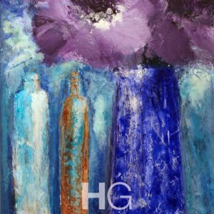 Blue Jugs and Purple Flowers