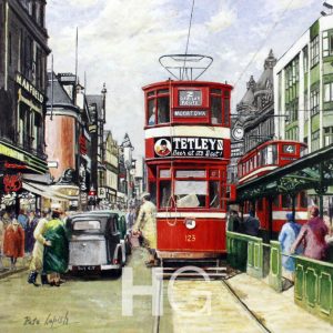 Catching the tram, Briggate Barriers, Leeds 1954